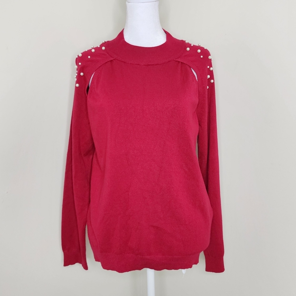 Joseph A. Fuchsia Pink Pearl Detail Cut Out Lightweight Sweater Large Barbiecore